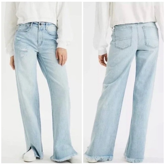 American Eagle High Rise Skater Jeans Light Wash Distressed Raw Hem Wide Leg